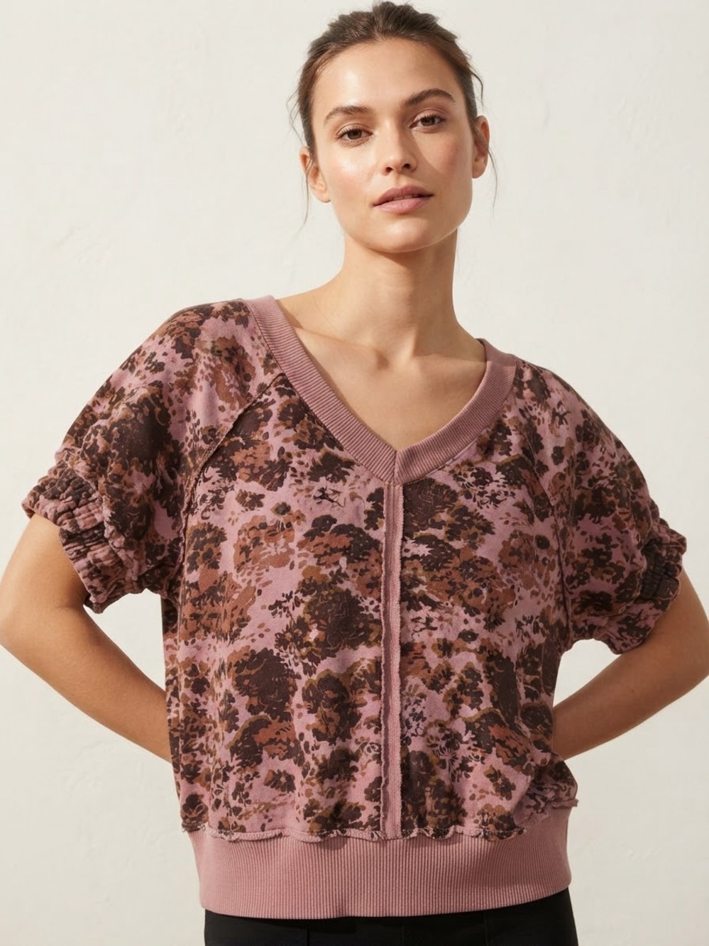 Anthropologie Dusty Pink Floral V-Neck Pullover
